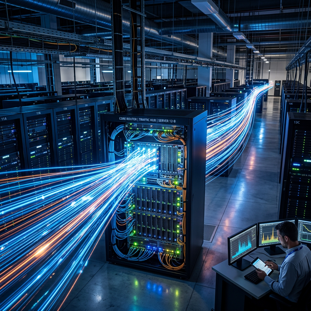 Server racks with brightly lit fiber optic cables representing data flow and a technician monitoring data on multiple screens